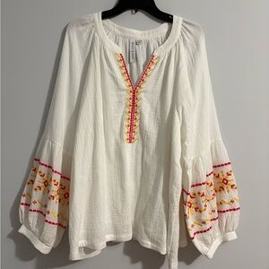 Grace + Karma Womens Blouse Embroidered Balloon Sleeves White 2X Cotton Peasant